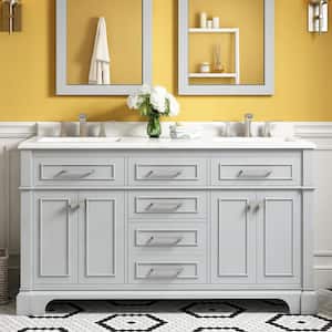 Melpark 60 in. W x 22 in. D x 34 in. H Double Sink Bath Vanity in Dove Gray with White Engineered Marble Top