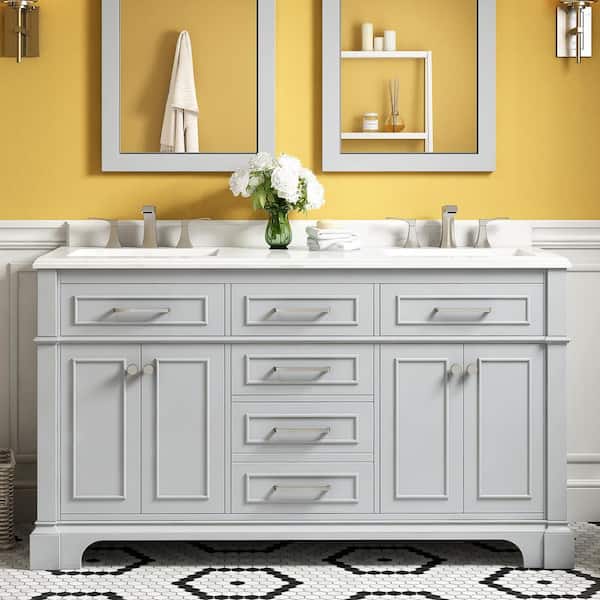 Home Decorators Collection Melpark 60 in. W x 22 in. D x 34 in. H Double Sink Bath Vanity in Dove Gray with White Engineered Marble Top