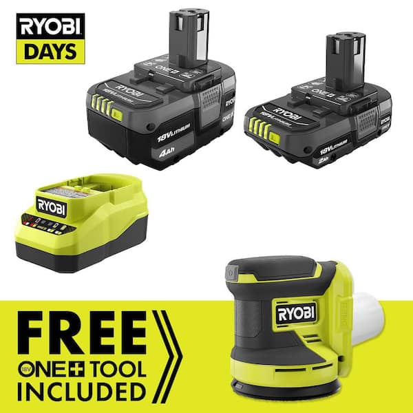 ONE+ 18V Lithium-Ion 4.0 Ah Battery, 2.0 Ah Battery and Charger Kit with FREE ONE+ Cordless 5 in. Random Orbit Sander