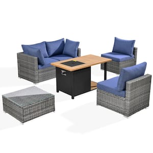 Sanibel Gray 6-Piece Wicker Outdoor Patio Conversation Sofa Set with a Storage Fire Pit and Denim Blue Cushions