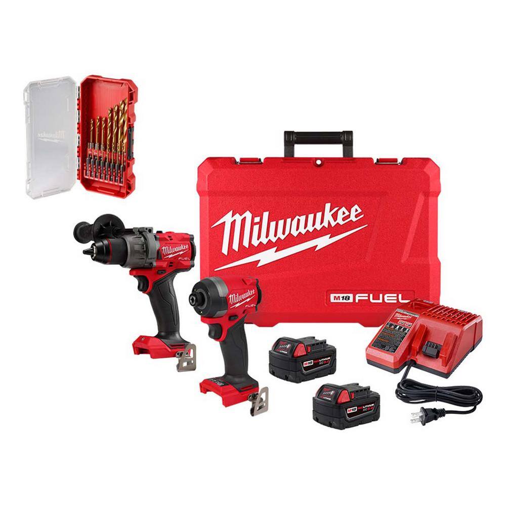 Milwaukee M18 FUEL 18-Volt Brushless Cordless Hammer Drill and Impact Driver Combo Kit (2-Tool) with Titanium Bit Set (15-Piece) -  3697-22-4670