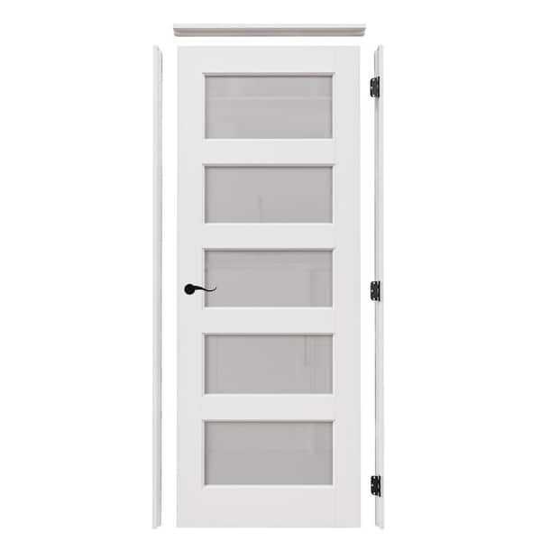 30 in. x 80 in. 5-Lite Frosted Glass Right White Solid Core Wood Single Interior Door with Quick Assemble Jamb