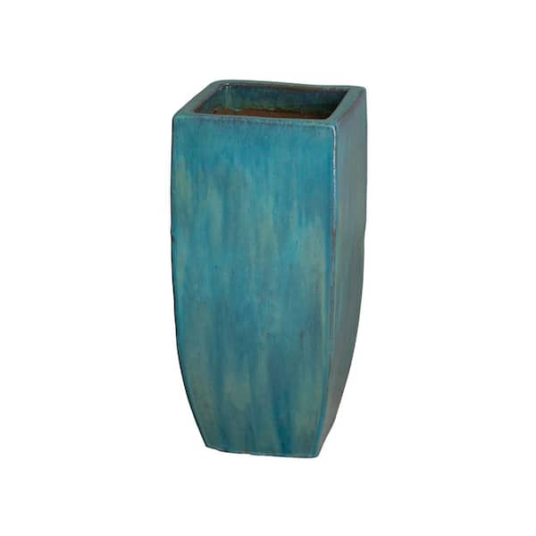 Tall 13 in. L x 29.5 in. H Teal Ceramic Square Planter with Drainage Hole