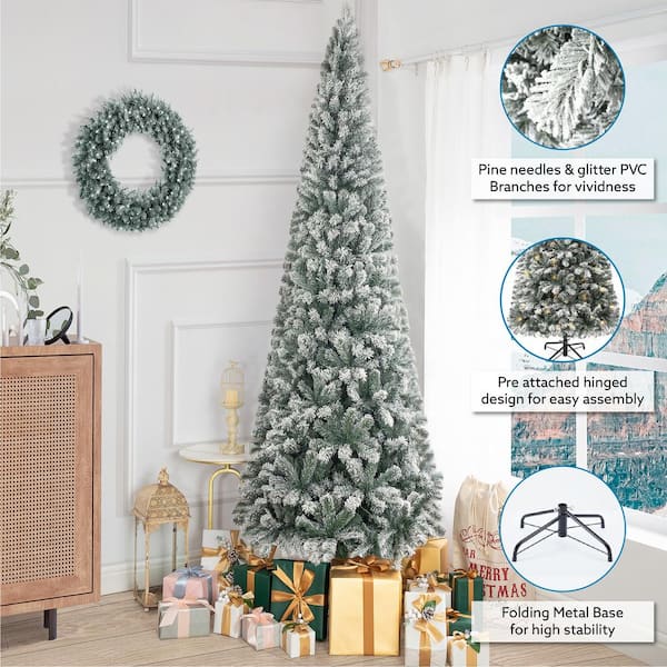 HOMESTOCK 9 ft. Frosted Snow Flocked Prelit Slim Artificial Christmas Tree with 1455 Branch Tips, 500 Warm Lights and Metal Stand
