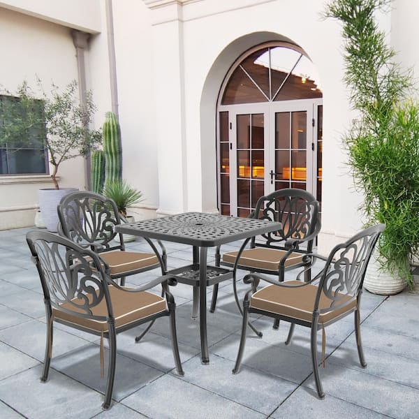 Willit Elizabeth Black 5-Piece Cast Aluminum Outdoor Dining Set with Square Table and Dining Chairs with Random Color Cushion