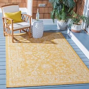 Courtyard Gold/Ivory 8 ft. x 10 ft. Border Floral Scroll Indoor/Outdoor Patio  Area Rug