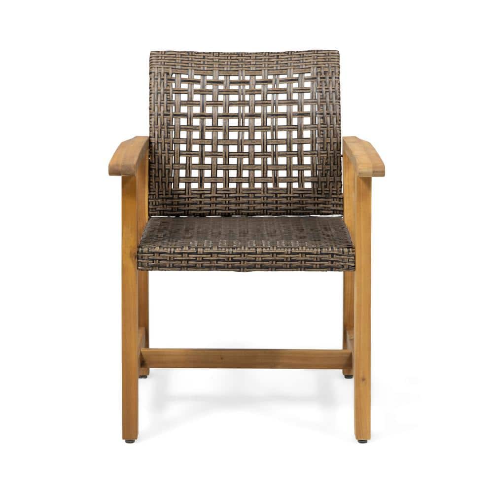 Teak Brown and Mixed Mocha Woven Wood Dining Armchair Pair