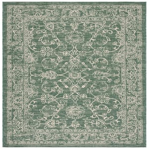 Courtyard Dark Green/Beige 7 ft. x 7 ft. Border Antique Floral Indoor/Outdoor Patio  Square Area Rug