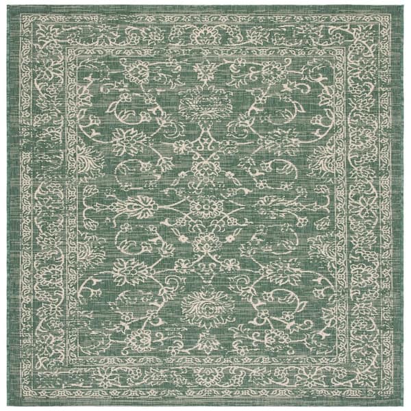 Courtyard 8 ft. x 8 ft. Square Dark Green/Beige Border Antique Floral Indoor/Outdoor Area Rug