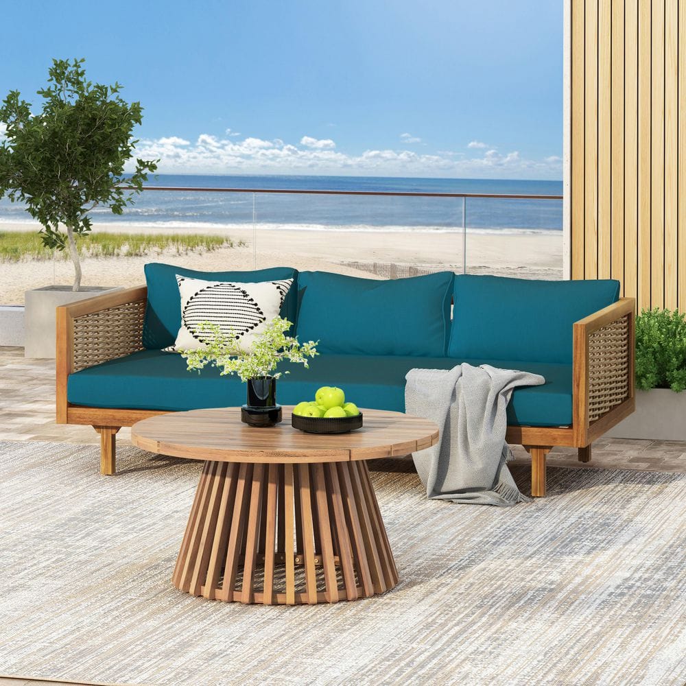 Riley Teak 2-Piece Wood Outdoor Patio Conversation Seating Set with Teal Fabric Cushions, Rattan Armrests