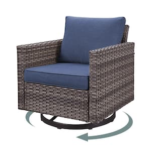 U-Weave Metal and Gray Wicker Outdoor Rocking Chair Patio Swivel Chairs with Olefin Navy Blue Cushions