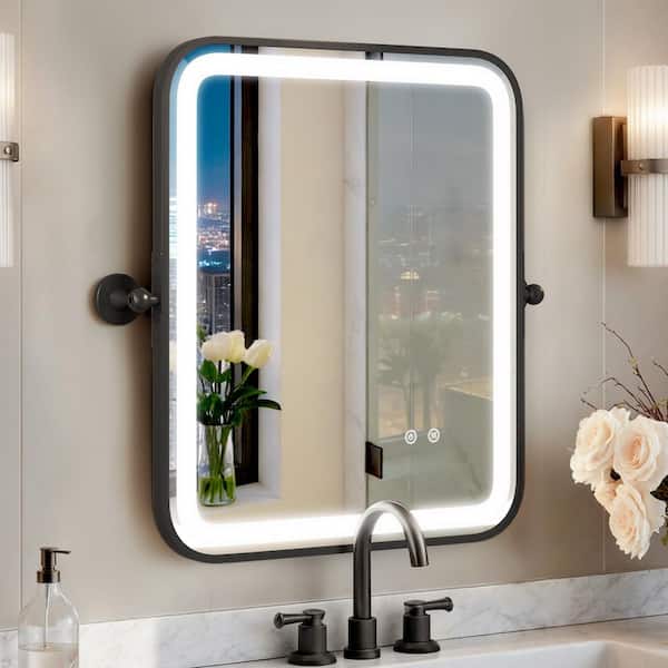 20 in. W x 24 in. H Rounded Rectangular Black Framed LED Lighted Antifog Tilt Pivot Wall Mount Bathroom Vanity Mirror