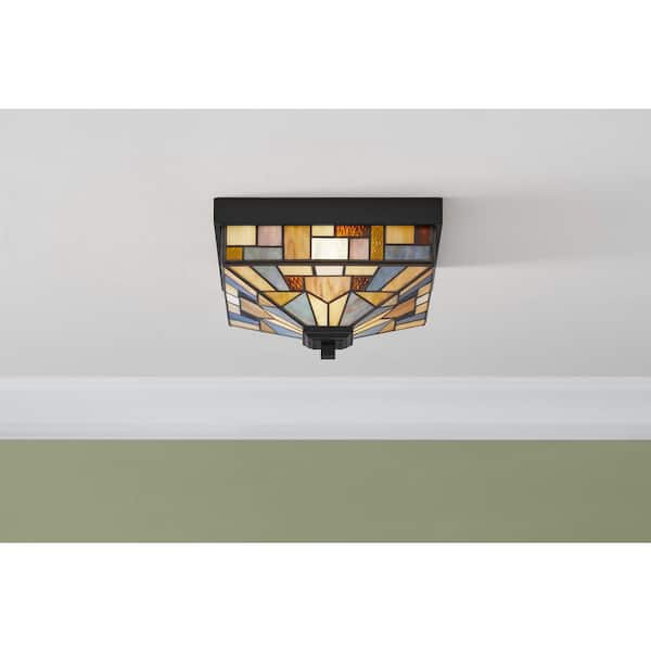 Home Decorators Collection Waterville 11 in. 2-Light Matte Black Flush Mount with Tiffany Glass Shade