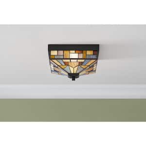 Waterville 11 in. 2-Light Matte Black Flush Mount with Tiffany Glass Shade