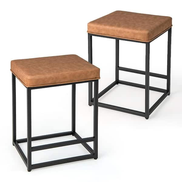 Mjkone Wood and Metal Bar Stools Backless - Dark Brown / 3 Pcs