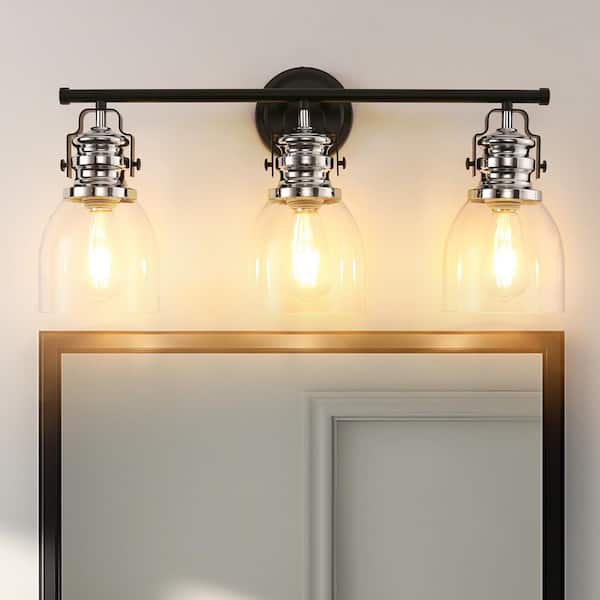 Briignite 24 in. 3-Light Black and Nickel Modern Vanity Light with Clear Glass Bell Shades for Bathroom Mirror