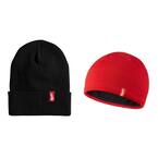 Men's Black Acrylic Cuffed Beanie Hat and Men's Red Fleece Lined Knit Hat Liner