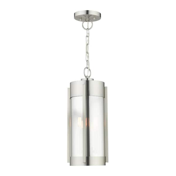 AVIANCE LIGHTING Rockridge 18 in. 2-Light Brushed Nickel Dimmable Outdoor Pendant Light with Electrical Plated Smoke Glass