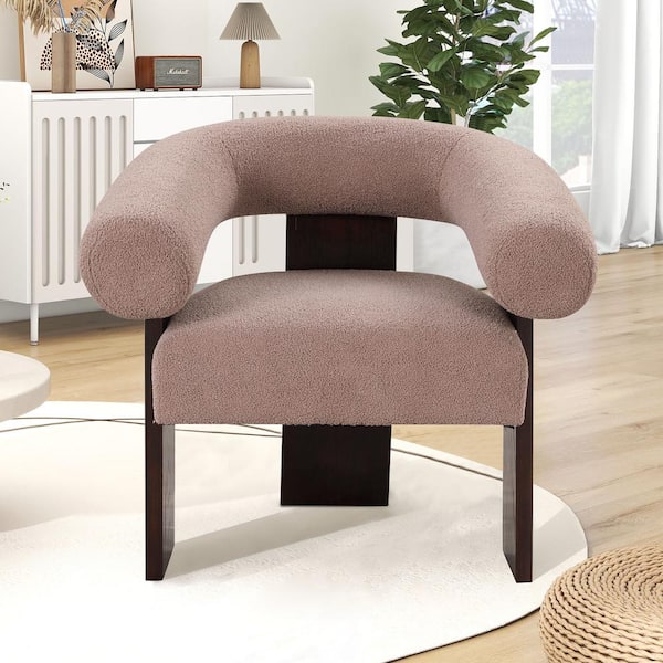 Unbranded Light Brown Accent Curved Wishbone Frame Teddy Velvet Cushion Arm Chair for Living Room with Rubberwood Legs