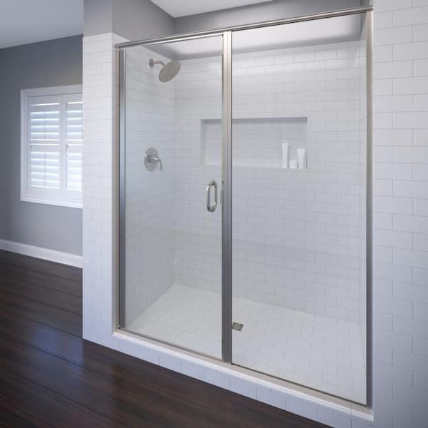 Basco Infinity 46 in. x 76-1/8 in. Semi-Frameless Hinged Shower Door in Brushed Nickel with Clear Glass