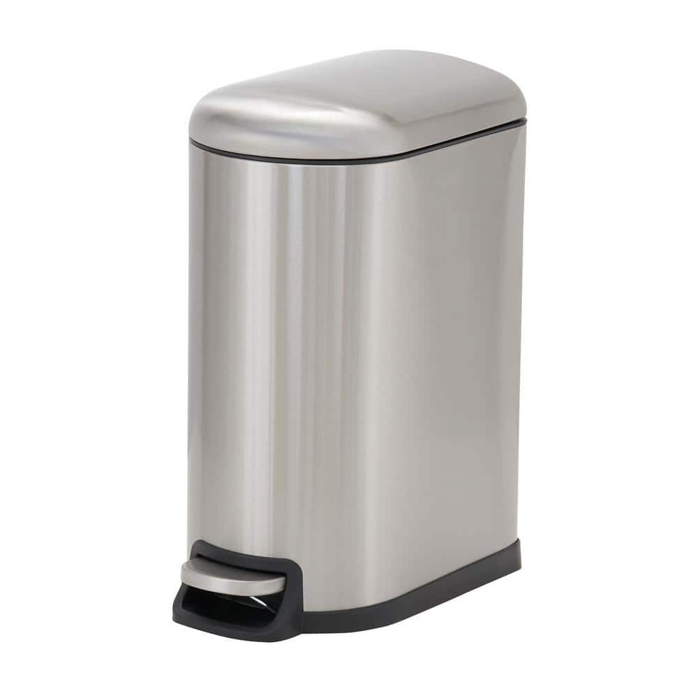 Slim Silver Stainless Steel Pedal Trash Can with Soft Close Lid