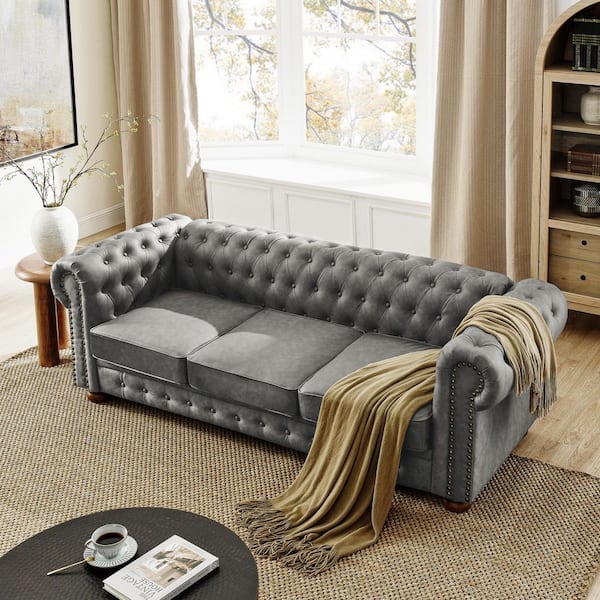 Xuanlur Chesterfield Sofa 88.5 in. Dark Gray Tufted Linen Upholstered 3-Seater Sofa Scrolled Arms with Nailhead Decoration