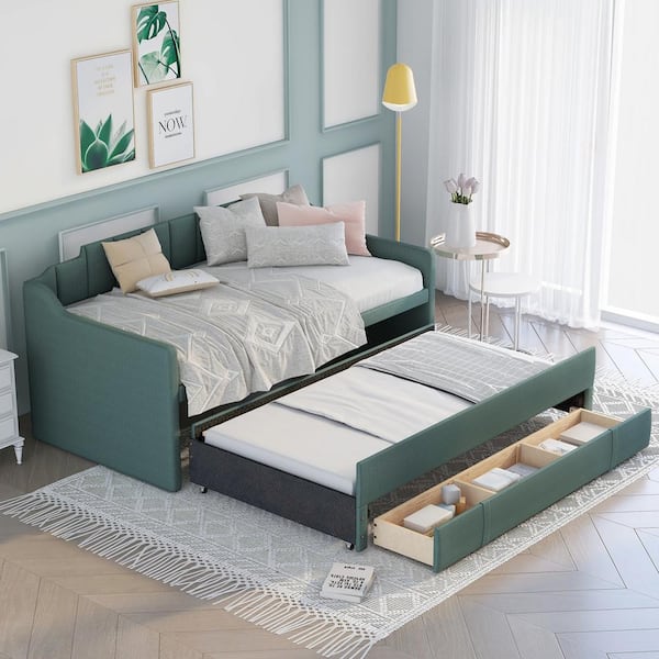 Harper & Bright Designs Green Twin Upholstered Daybed with Trundle and 3-Drawers