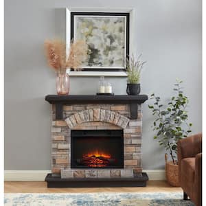 45 in. Freestanding Faux Stone Infrared Electric Fireplace in Tan with Mantel