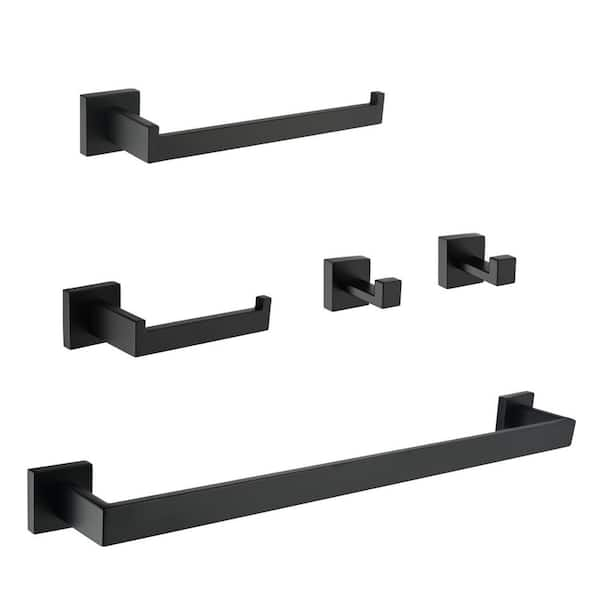 Boyel Living 5-Piece Bath Hardware Set with Towel Hooks, Towel Bar, Toilet Paper Holder and Hand Towel Holder in Matte Black