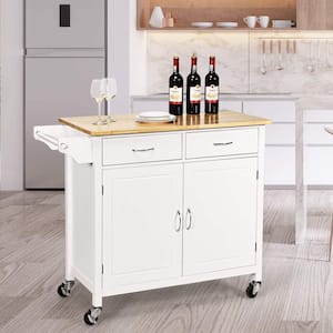 White Rolling Kitchen Cart with Towel Rack and Wood Table Top