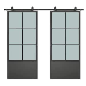48 in. x 84 in. Frosted Glass Black Steel Frame Interior Double Sliding Barn Door with Hardware Kit and Door Handle