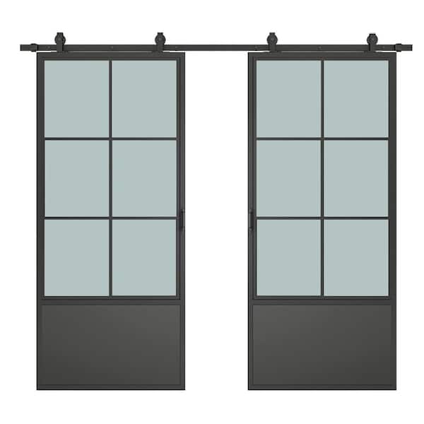 CALHOME 48 in. x 84 in. Frosted Glass Black Steel Frame Interior Double Sliding Barn Door with Hardware Kit and Door Handle