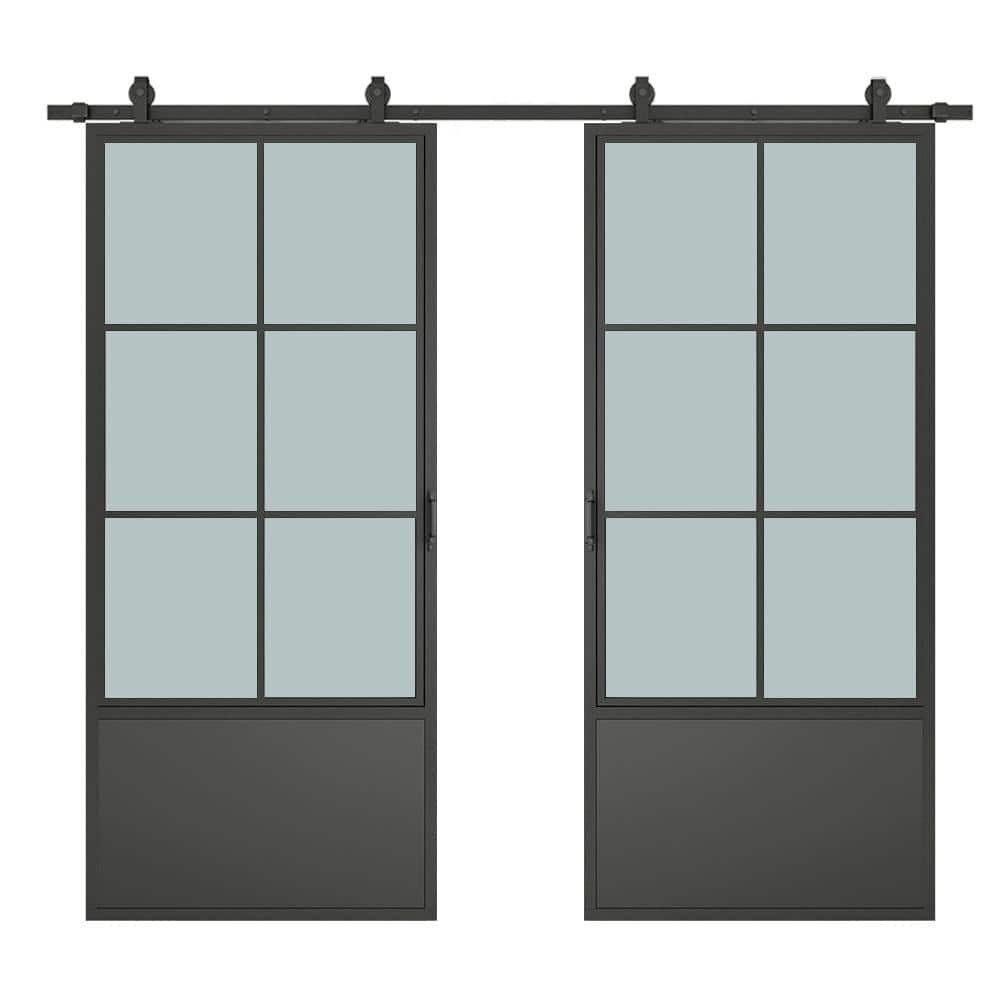 60 in. x 84 in. Frosted Glass Black Steel Frame Interior Double Sliding Barn Door with Hardware Kit and Door Handle -  CALHOME, GSB002-FR30(2)+CN-MK