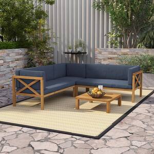 Natural 4-Piece Wood Patio Conversation Sectional Seating Set with Navy Blue Cushions