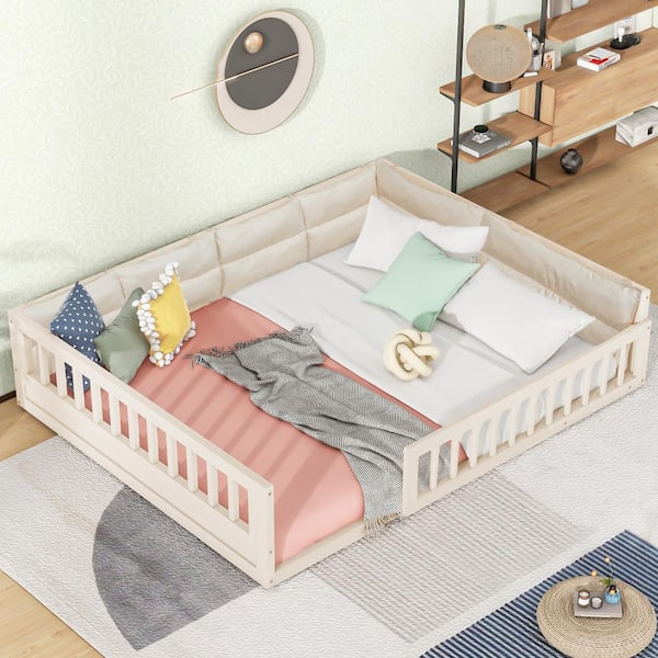 Harper & Bright Designs Beige Wood Frame Full Size Upholstered Floor Bed, Platform Bed with Guardrail and Pillow