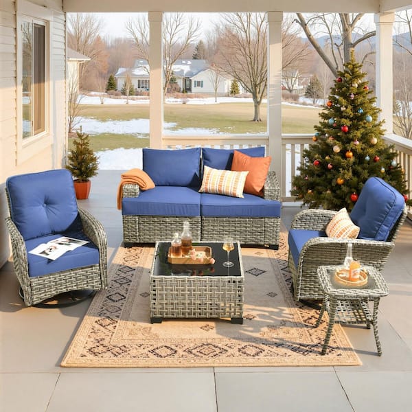 Torino Gray 6-Piece Modern Wicker Patio Conversation Deep Seating Set with Swivel Rocking Chairs and Navy Blue Cushions