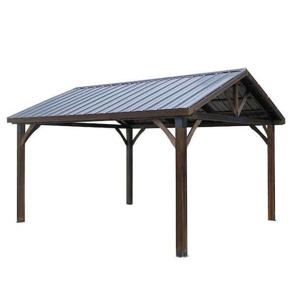 14 ft. x 12 ft. Outdoor Garden Wooden Hardtop Gazebo with Thermal Insulated Roof, Coffee