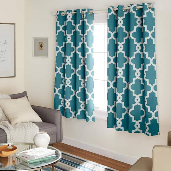 EXCLUSIVE HOME Ironwork Teal Woven Trellis 52 in. W x 63 in. L Noise Cancelling Thermal Grommet Blackout Curtain (Set of 2)
