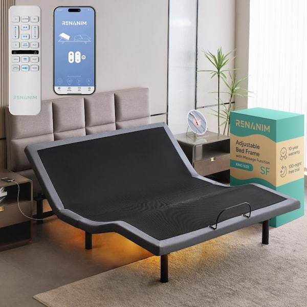Gray California King Adjustable Bed Frame, Massage, Wireless Remote/APP, USB Ports, Under-Bed Light, Head/Foot Incline