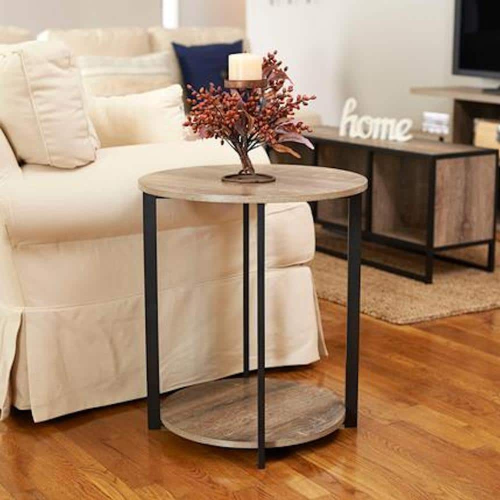 Ashwood Round 20" End Table with Black Metal Frame and Storage Shelf