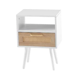 Anky 15.75 in. White Rectangle MDF Rattan End Table 1-Drawer Modern Nightstand Side Table with Solid Wood Legs