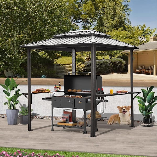 8 ft. x 6 ft. Aluminum Grill Gazebo Outdoor Metal Frame with Shelves Serving Tables (Gray)