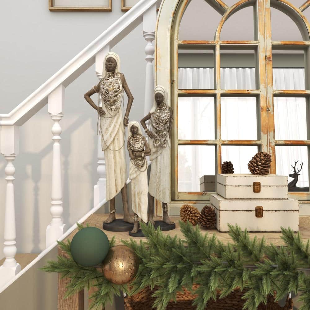 Elegant Trio of Polystone African Woman Sculptures in White