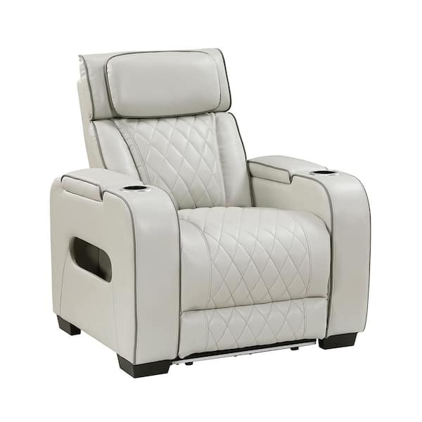 Clumber Taupe Faux Leather Power Recliner with Power Headrest, Cup Holders and Storage Arms