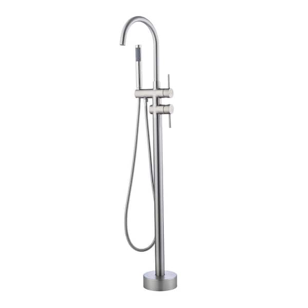 Unbranded 2-Handle Freestanding Floor Mount Tub Faucet Bathtub Filler with Hand Shower in Brushed Nickel