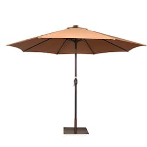 Outdoor 11 ft. 40 LED Lights Steel Market No Tilt Patio Umbrella in Tan with Crank