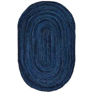 Oval Shape Hand Braided Jute Area Rug Living Room Blue Border Doormat 3x5  4x10