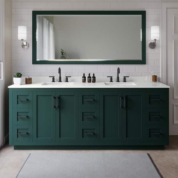 Wyndham Collection Miranda 84 in. W x 22 in. D x 33.75 in. H Double Bath Vanity in Green with White quartz Top and 70 in. Mirror