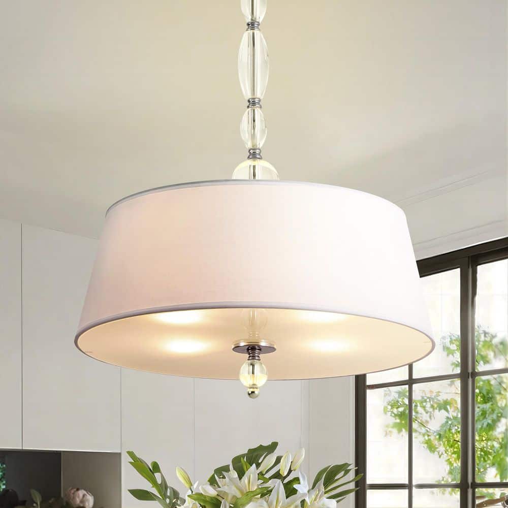 Louise 4-Light Modern Farmhouse Chrome Drum Pendant Light with White Fabric Shade and Sandblasted Panel Glass price history on PriceWatchPro