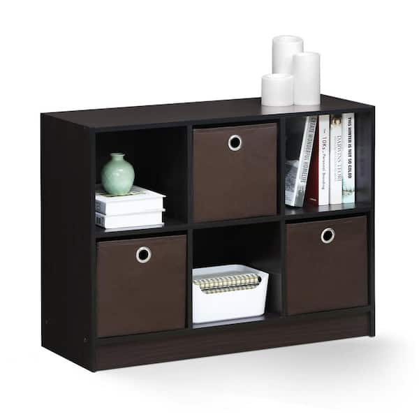 Dark Walnut Wood 3 Shelf Cube Bookcase, 6 Bin Organizer Bookcase